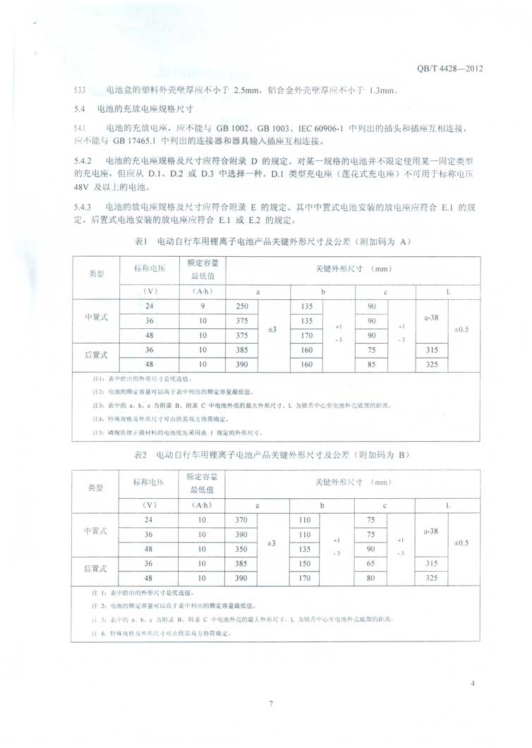 电动自行车用锂离子电池产品规格尺寸