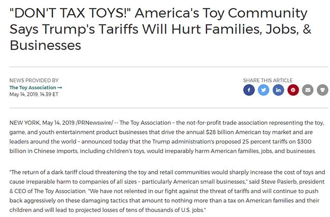 美国玩具协会反对美政府对华加征关税