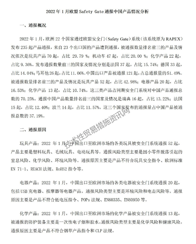 2022年1月欧盟Safety Gate通报中国产品情况分析