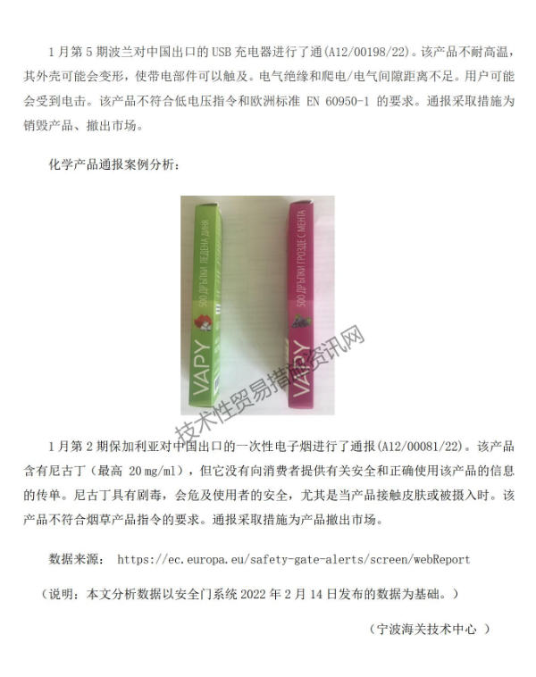 2022年1月欧盟Safety Gate通报中国产品情况分析